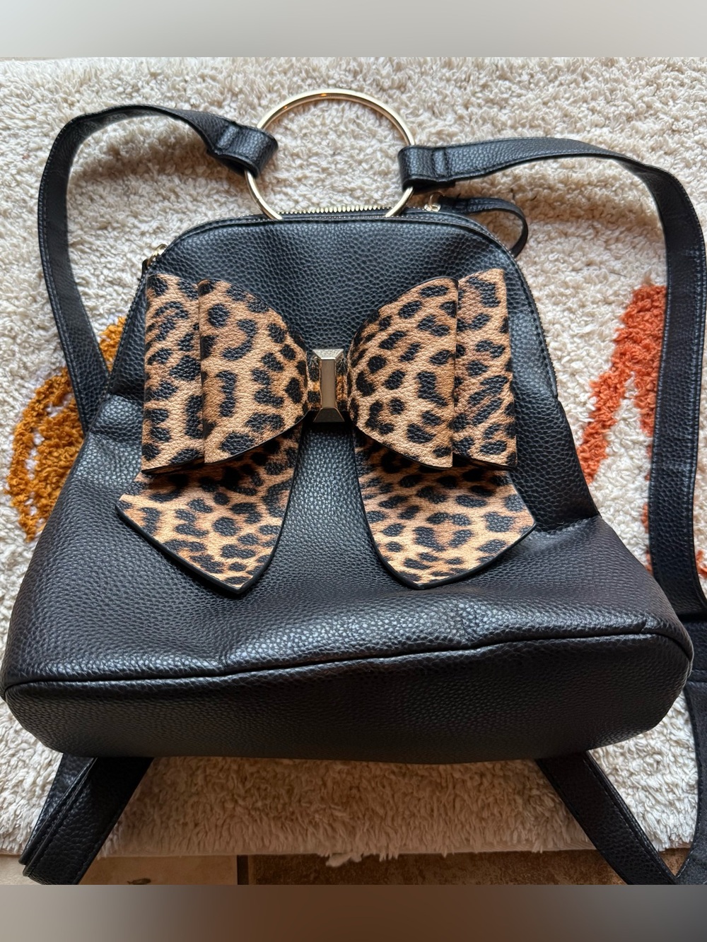 Black Women’s Backpack Purse with Leopard Bow Accent